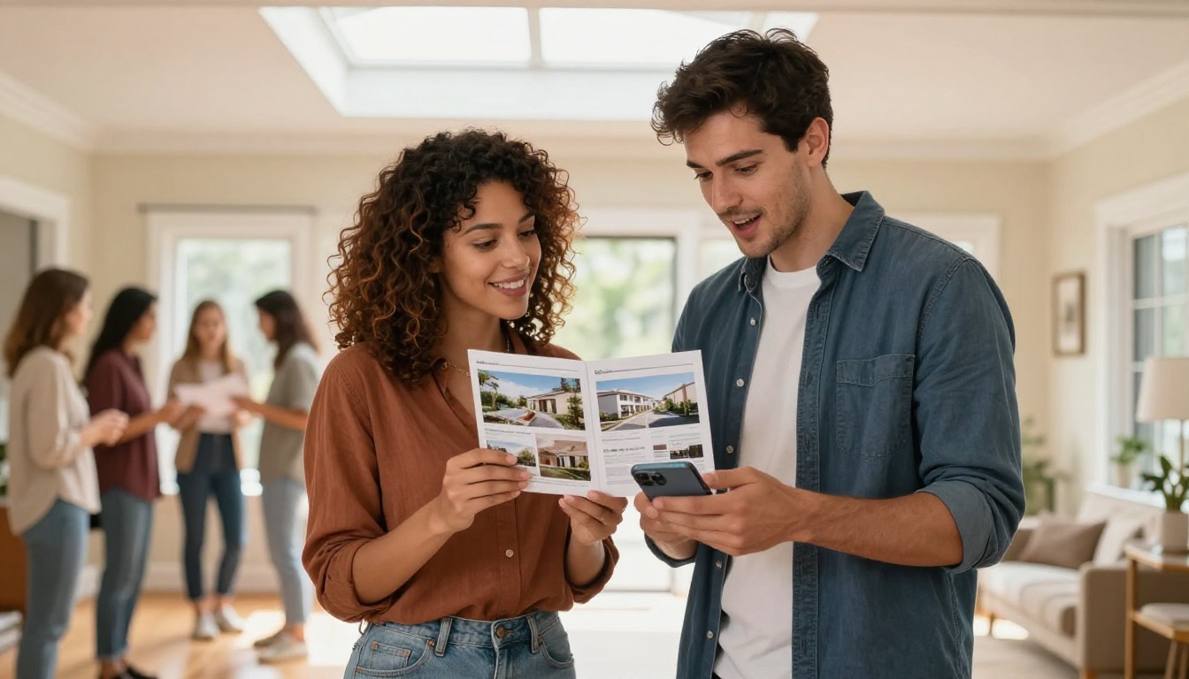 A young couple standing in a bright open house entrance hall, both looking at a digital property brochure on a shared smartphone with expressions of genuine interest A young couple standing in a bright open house entrance hall, both looking at a digital property brochure on a shared smartphone with expressions of genuine interest