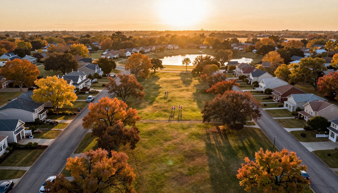 Aerial photography of a picturesque suburban neighborhood at golden hour, tree-lined streets with autumn color, homes with manicured lawns, a small lake reflecting warm orange sky Aerial photography of a picturesque suburban neighborhood at golden hour, tree-lined streets with autumn color, homes with manicured lawns, a small lake reflecting warm orange sky