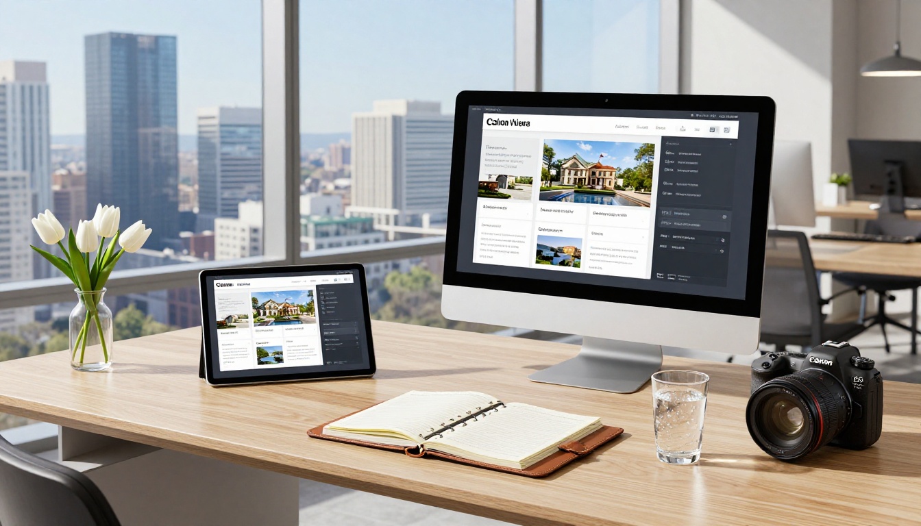 A modern real estate agent's office desk with a large monitor, open laptop, and iPad all displaying different property listings and brochure presentations A modern real estate agent's office desk with a large monitor, open laptop, and iPad all displaying different property listings and brochure presentations