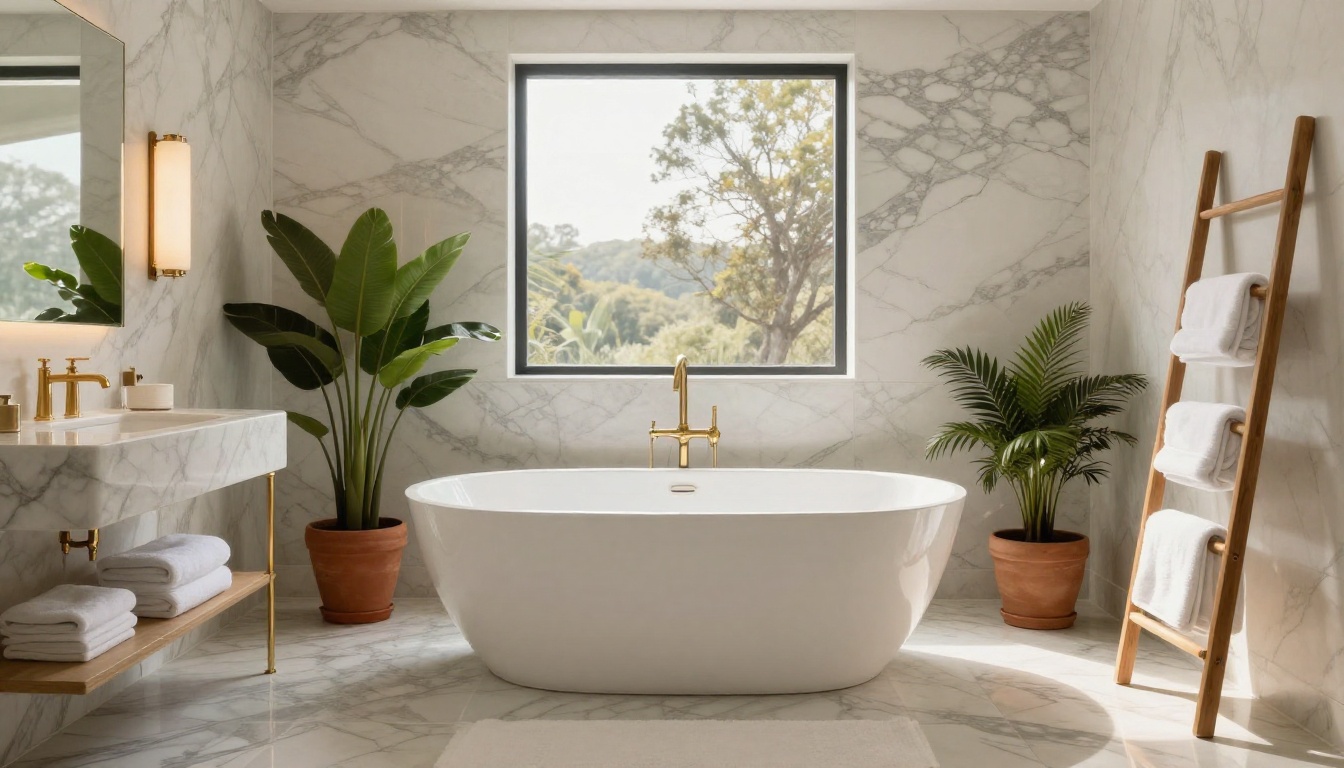 Architectural interior shot of a luxurious spa-inspired master bathroom with a freestanding soaking tub beneath a skylight, Calacatta marble tiles, and brushed gold fixtures Architectural interior shot of a luxurious spa-inspired master bathroom with a freestanding soaking tub beneath a skylight, Calacatta marble tiles, and brushed gold fixtures