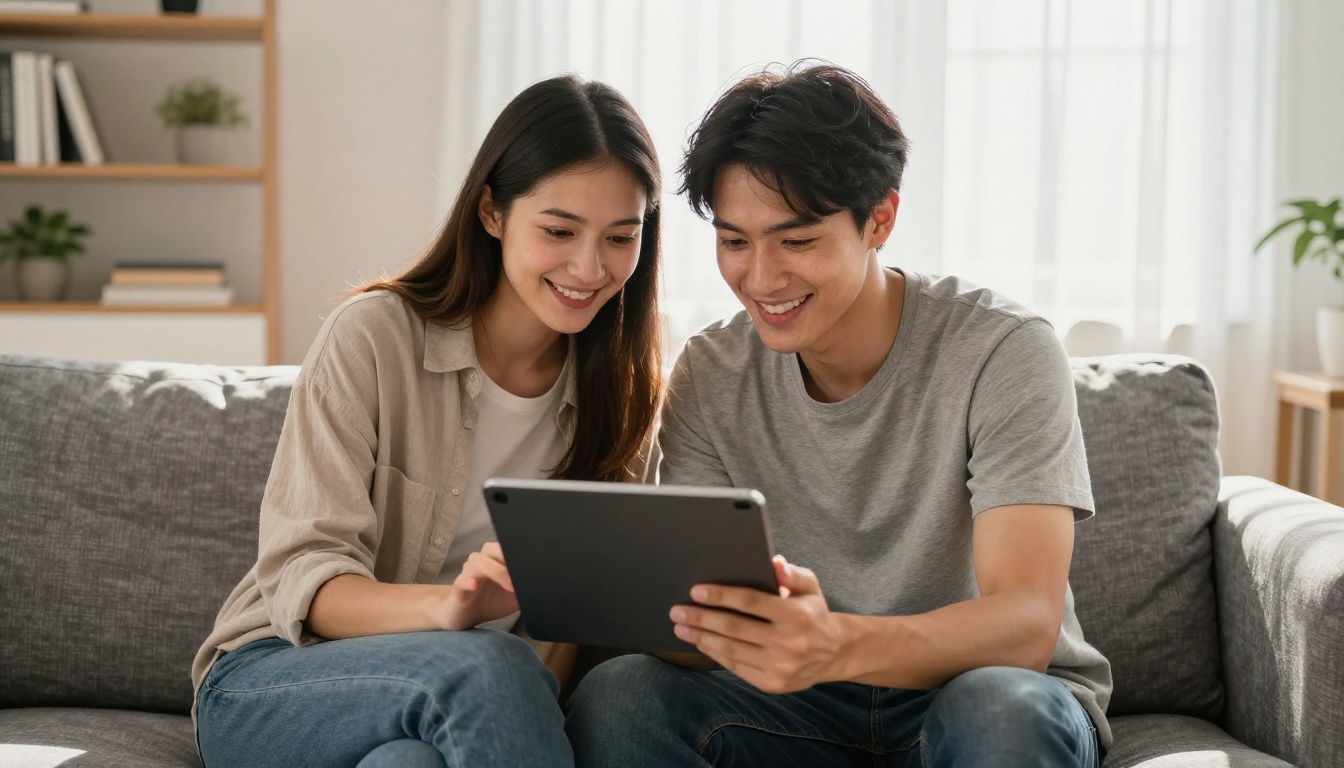 Young couple browsing a digital property flipbook on a tablet