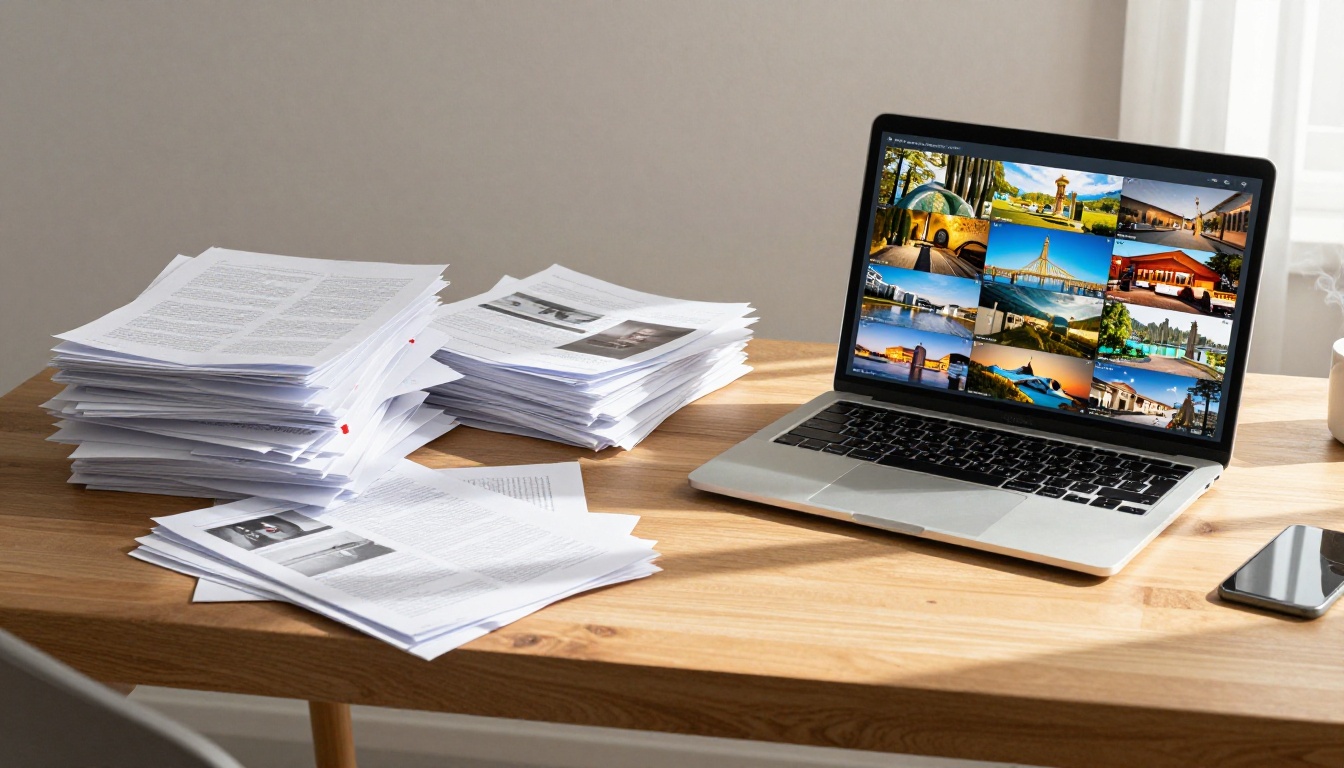 Side-by-side comparison of messy PDF documents versus an interactive digital flipbook on a laptop