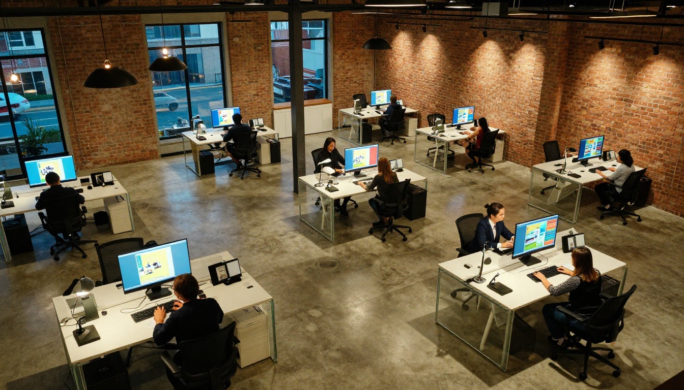 Real estate agents in a modern open-plan office viewing property flipbooks on multiple screens