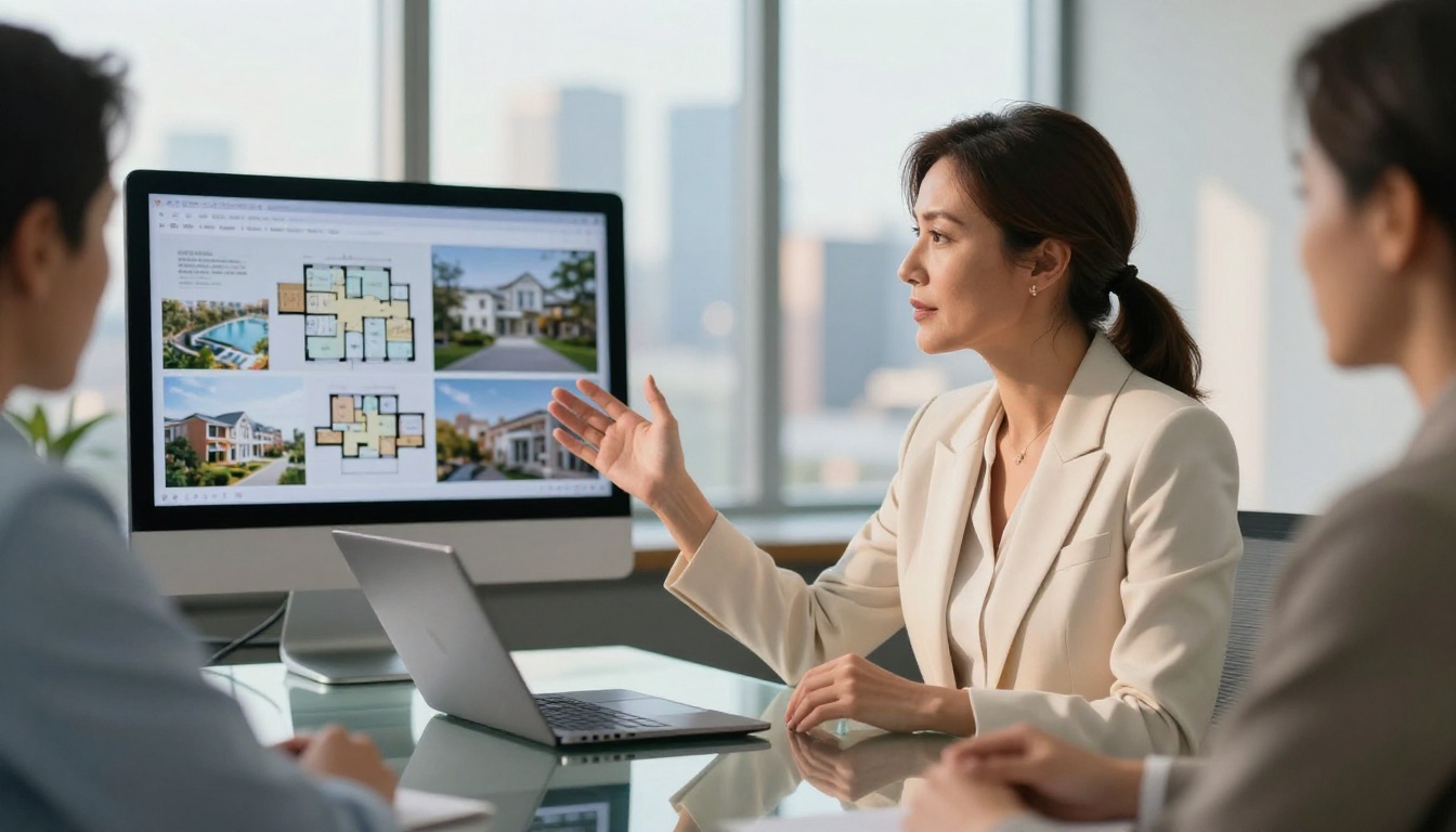 Female real estate agent presenting a digital flipbook to clients at a glass conference table