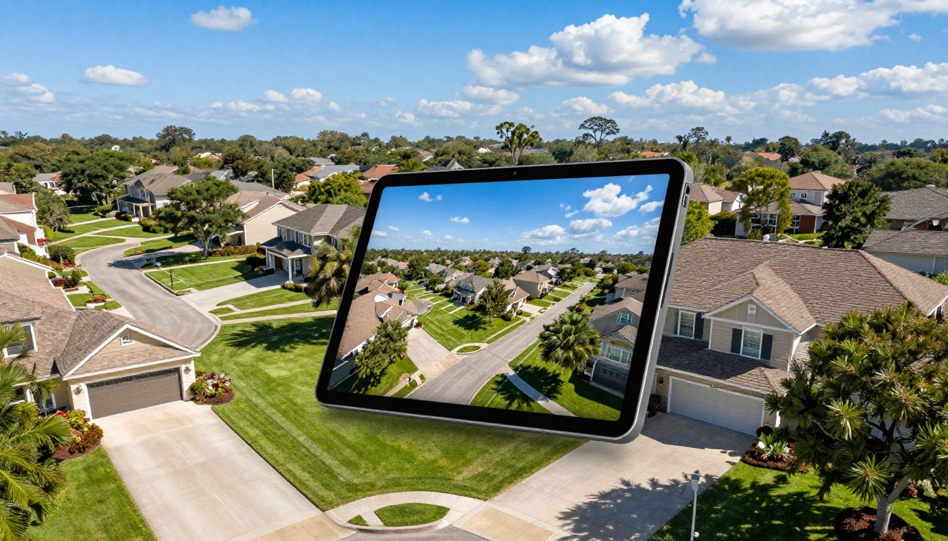 Aerial view of a luxury residential neighborhood with a tablet displaying a digital property flipbook