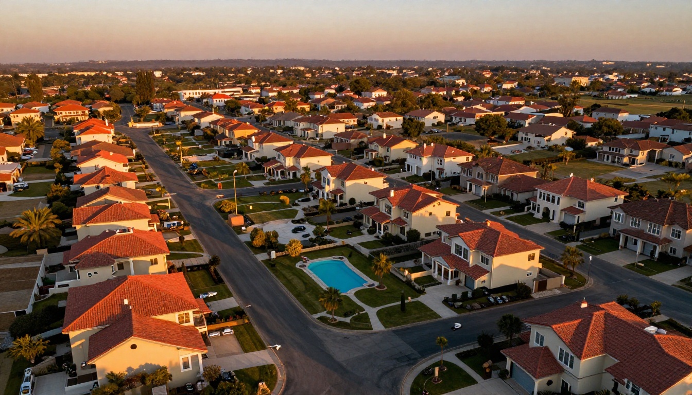 Aerial view of luxury suburban neighborhood at golden hour