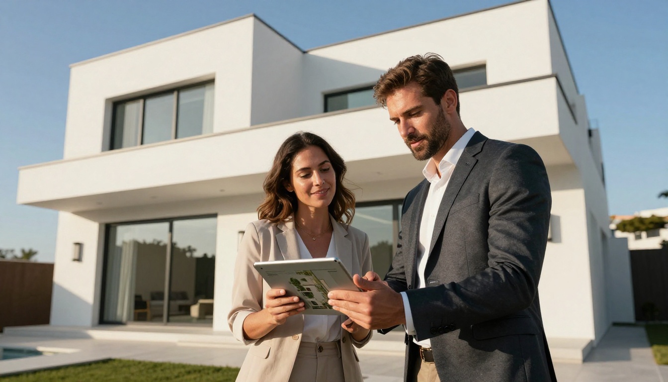 Real estate agent showing a digital flipbook on a tablet to a couple outside a luxury white villa