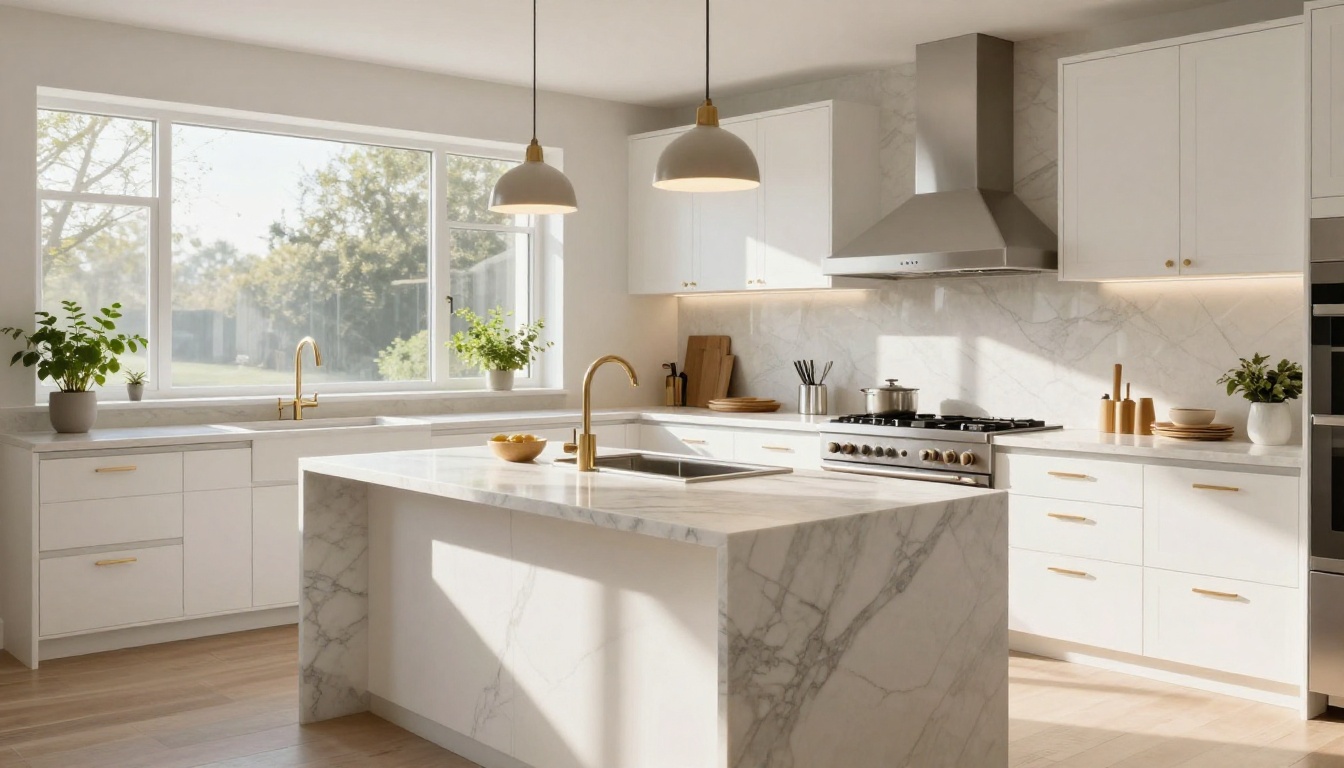 Bright luxury kitchen interior with marble island, brushed gold hardware and pendant lighting