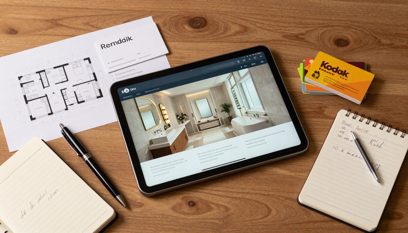 Agent's desk flat lay with tablet showing a luxury bathroom page in a digital property flipbook