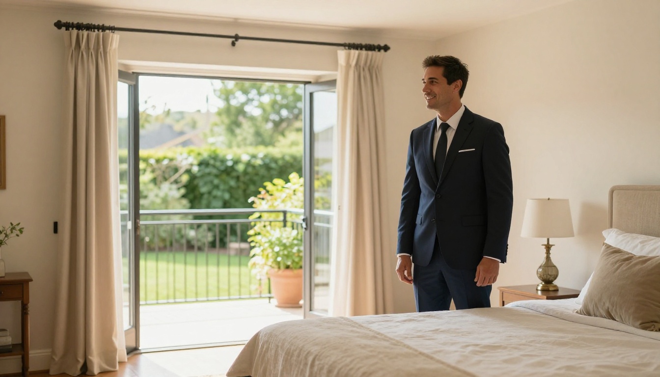 Real estate agent showing a luxury bedroom to a couple during a property visit