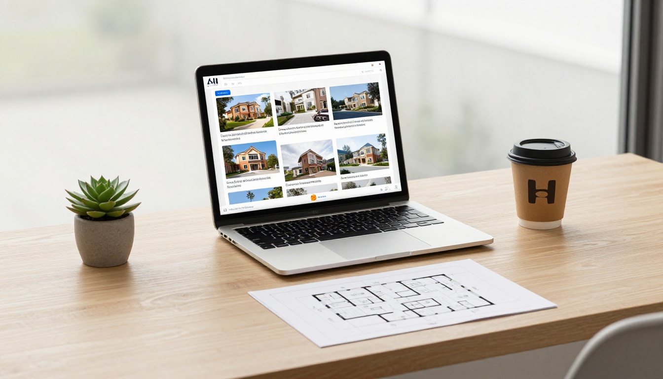 MacBook showing a flipbook interface with property pages and video thumbnails on a minimal desk