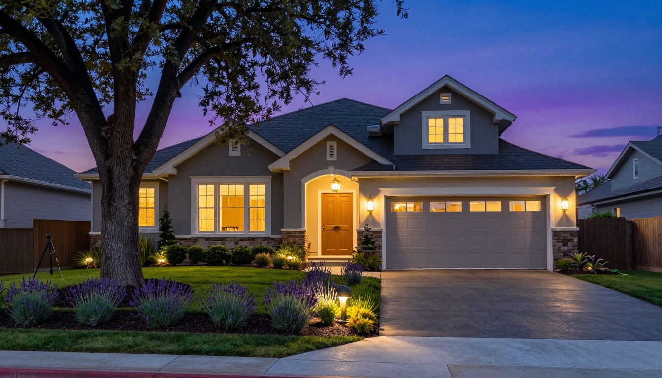 Exterior twilight view of a luxury home with glowing windows, lavender garden and oak tree