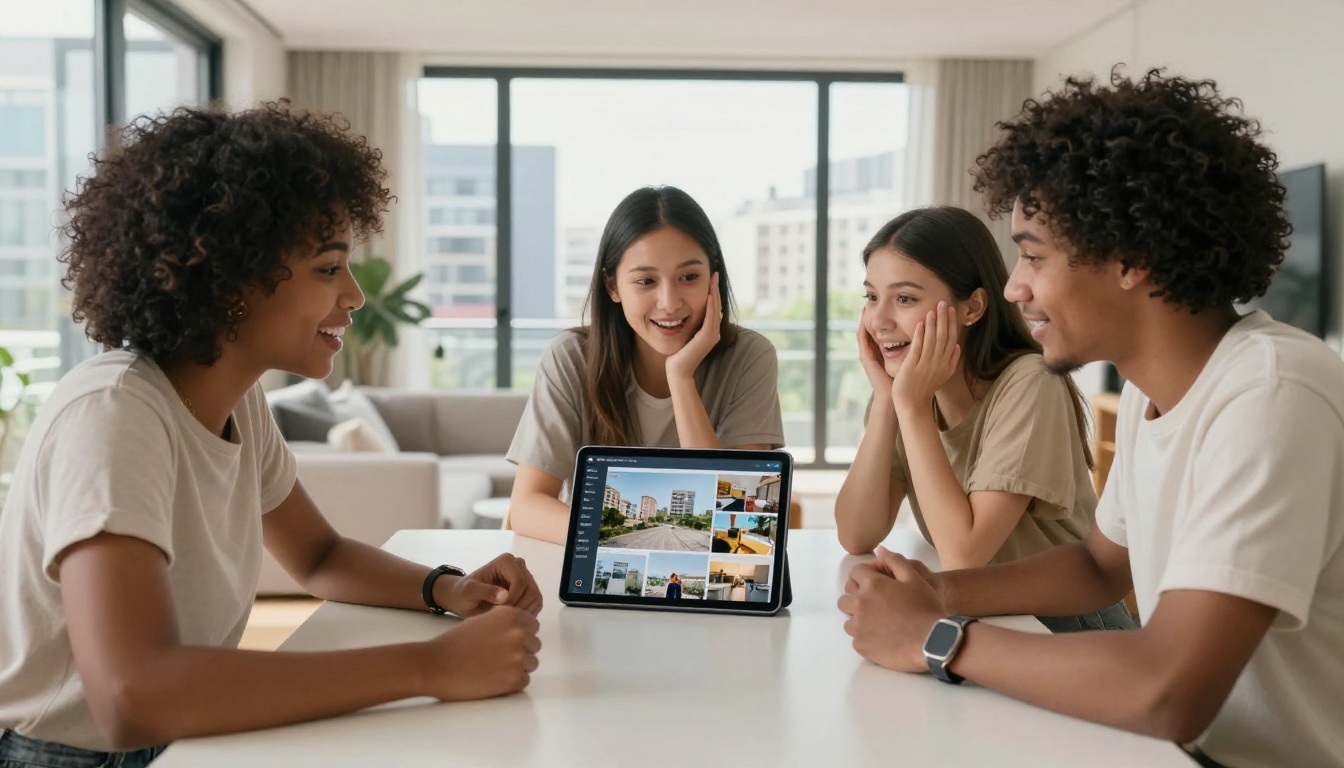 Diverse group of millennial buyers reviewing a real estate flipbook on an iPad together