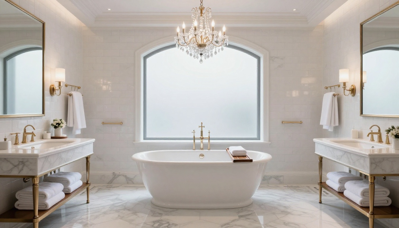 Luxurious primary bathroom with freestanding soaking tub, chandelier and arched window