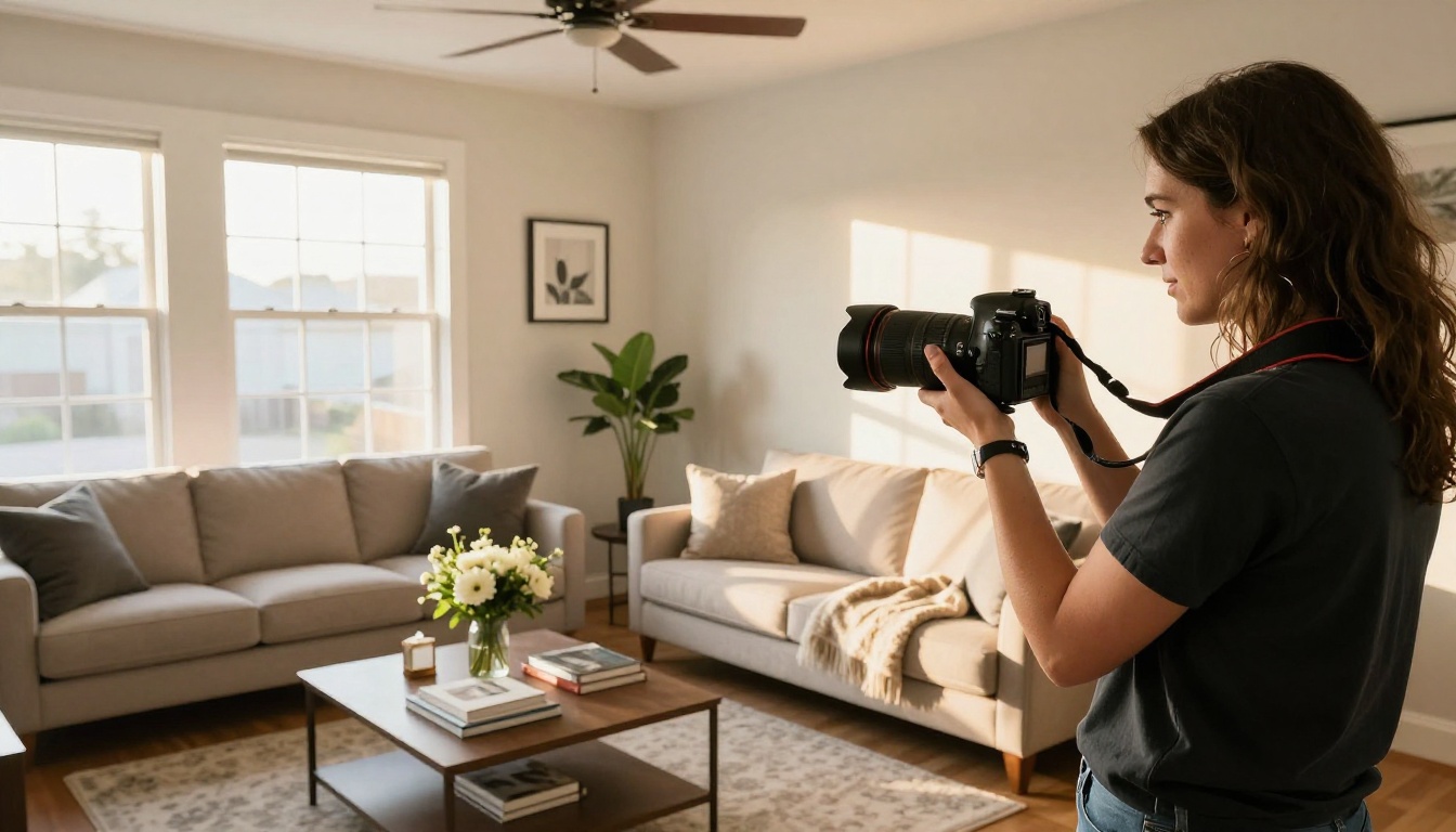 Professional female photographer on location shooting a staged living room for a luxury property listing
