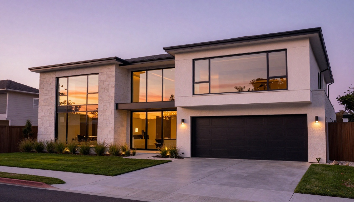 Luxury contemporary home exterior at golden hour with floor-to-ceiling glass and manicured landscaping Luxury contemporary home exterior at golden hour with floor-to-ceiling glass and manicured landscaping