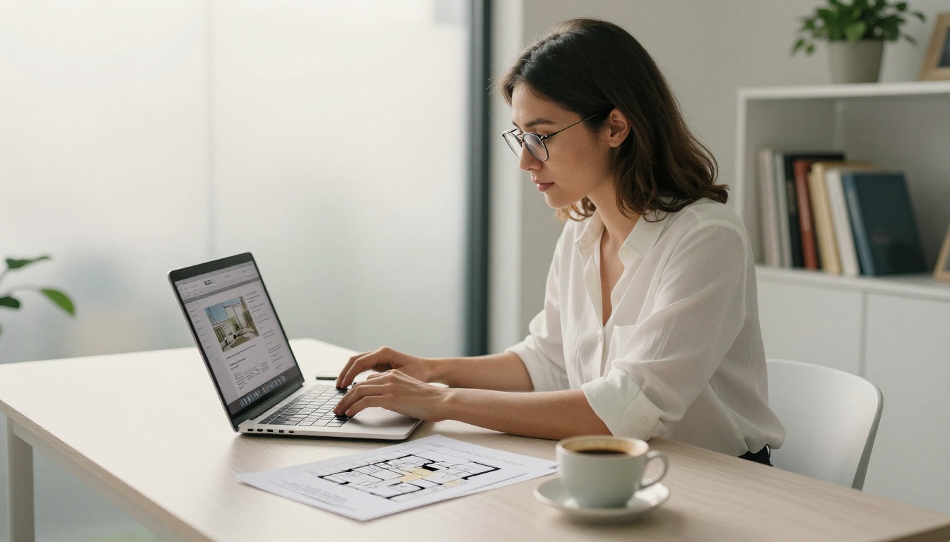 Real estate agent at minimalist desk creating property brochure on laptop in bright modern office Real estate agent at minimalist desk creating property brochure on laptop in bright modern office