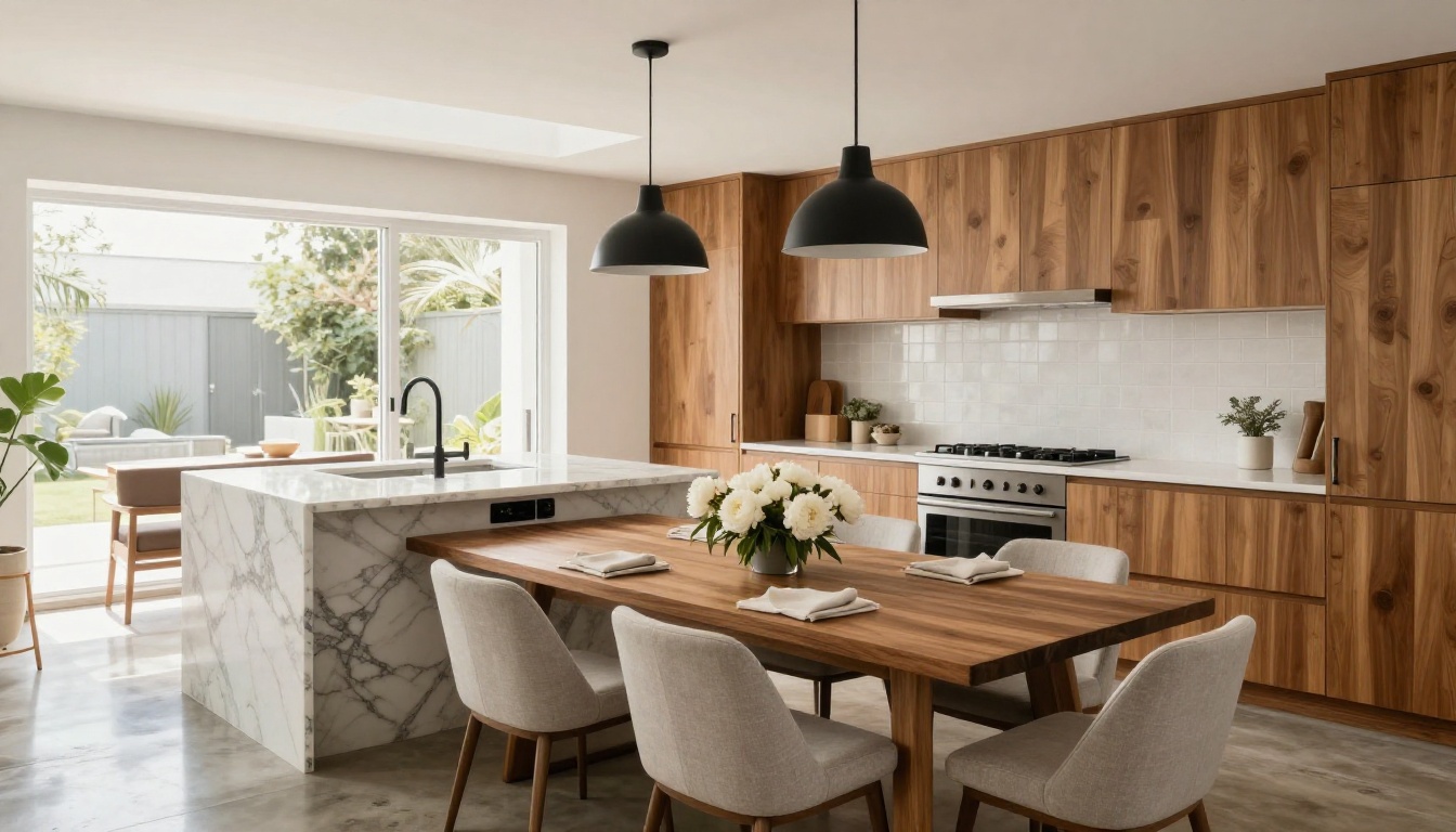 Luxury open-plan kitchen with Calacatta marble island and walnut dining table set for six Luxury open-plan kitchen with Calacatta marble island and walnut dining table set for six