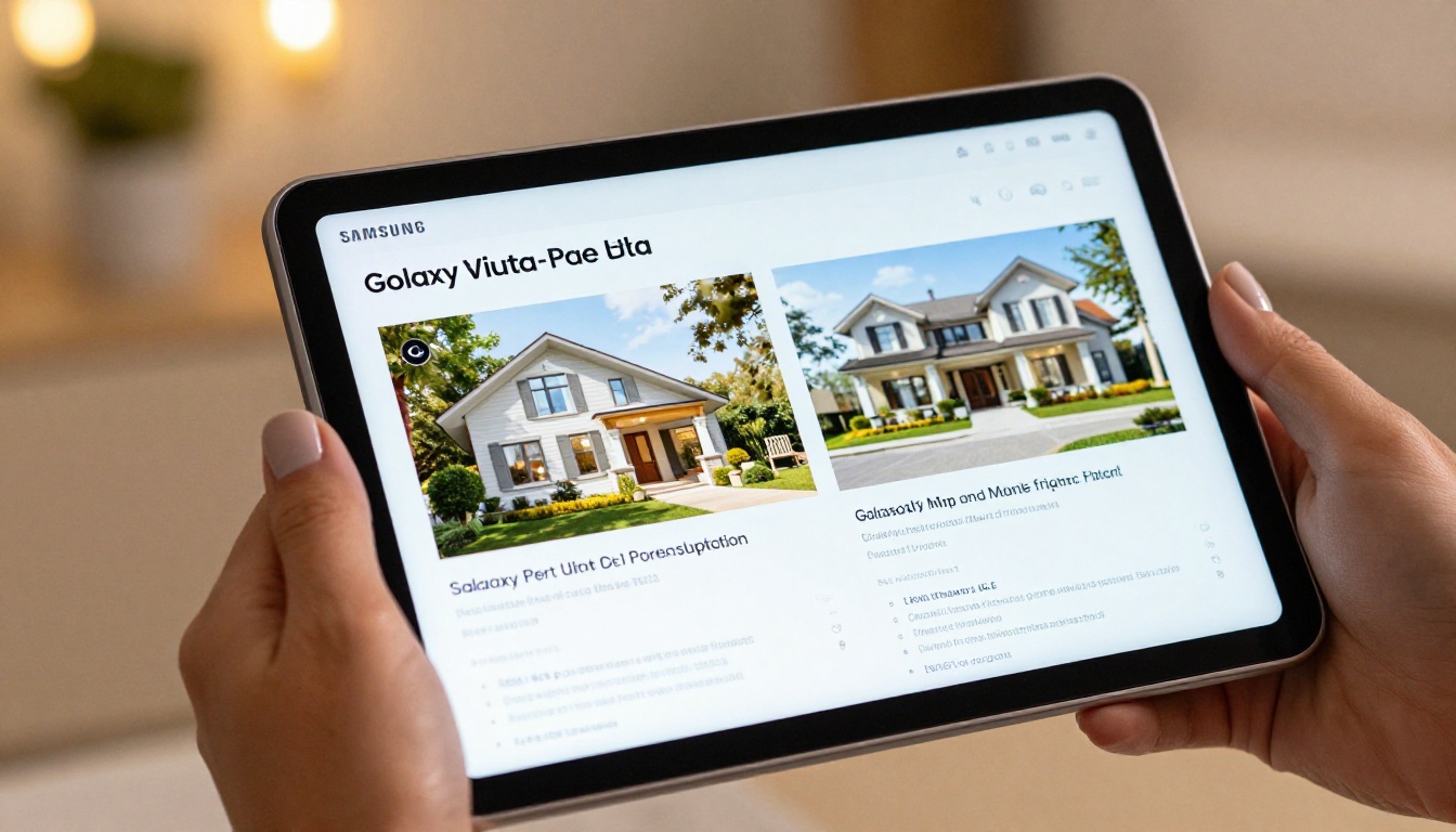 Hands holding tablet displaying interactive property flipbook with elegant typography and hero photography Hands holding tablet displaying interactive property flipbook with elegant typography and hero photography