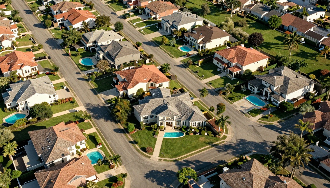 Aerial drone view of luxury suburban neighborhood with pools, green lawns, and tree-lined curving streets Aerial drone view of luxury suburban neighborhood with pools, green lawns, and tree-lined curving streets