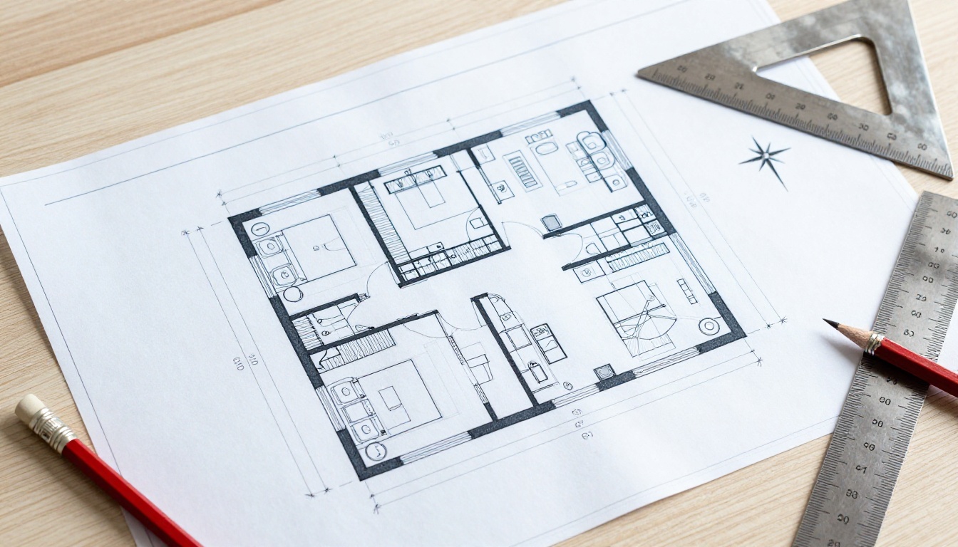 Architectural floor plan blueprints flat lay with ruler, pencil, and set square on light wood desk Architectural floor plan blueprints flat lay with ruler, pencil, and set square on light wood desk