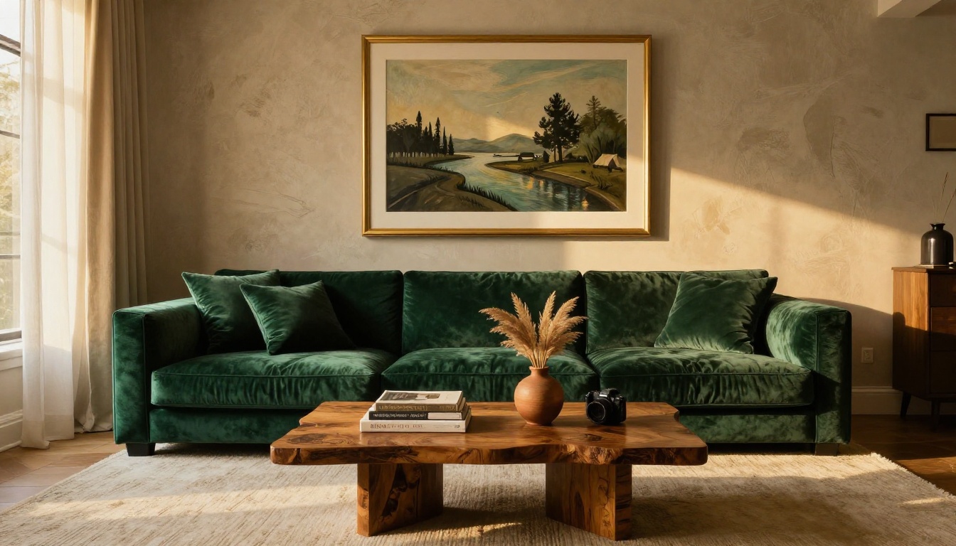 Elegantly staged luxury living room with emerald velvet sofa, gold-framed artwork, and burl wood coffee table Elegantly staged luxury living room with emerald velvet sofa, gold-framed artwork, and burl wood coffee table