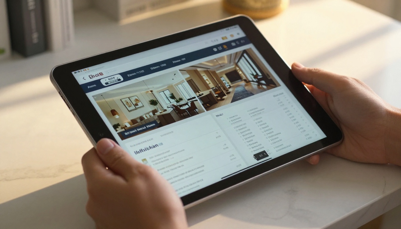 Close-up of hands holding a tablet displaying a real estate property listing