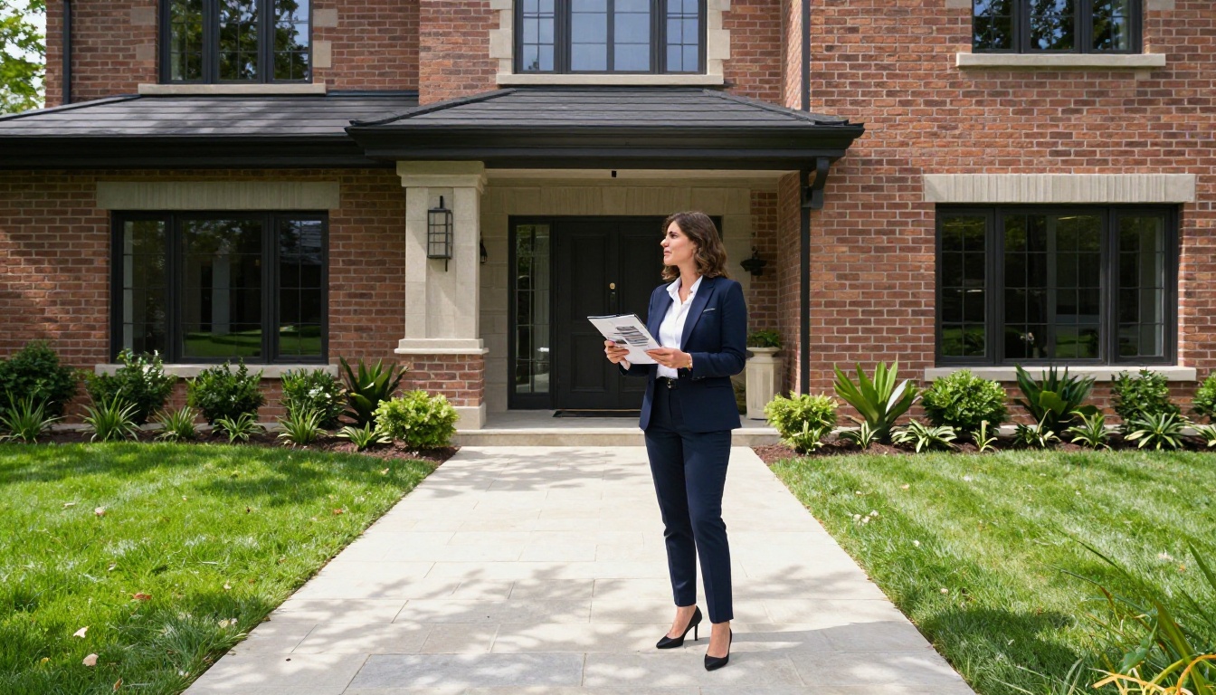 Real estate agent with tablet standing confidently at luxury home entrance