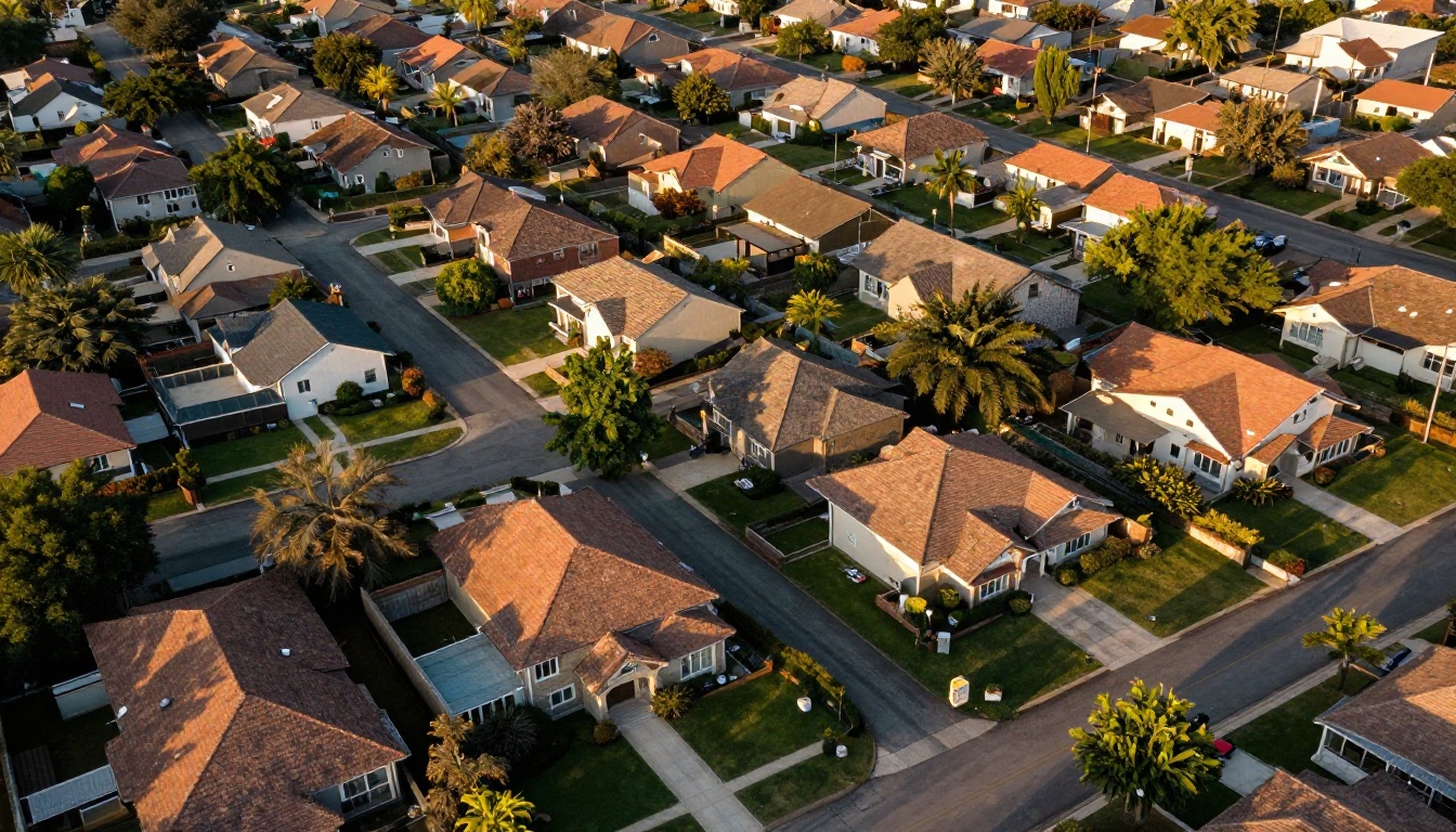 Aerial bird's-eye view of a pristine suburban neighborhood at golden hour
