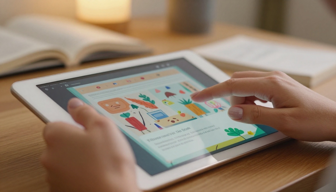 Close-up of hands swiping through a digital flipbook on a tablet