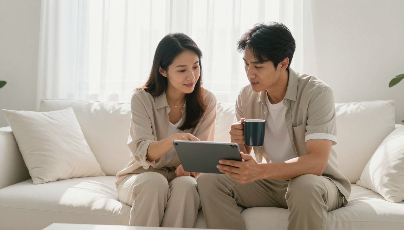 Couple reviewing property listings together on tablet at home