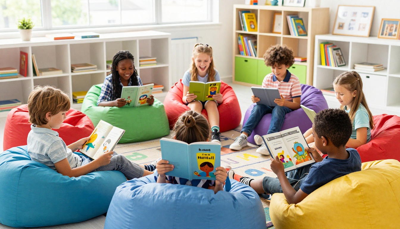Elementary school children reading digital flipbooks on tablets in a reading corner