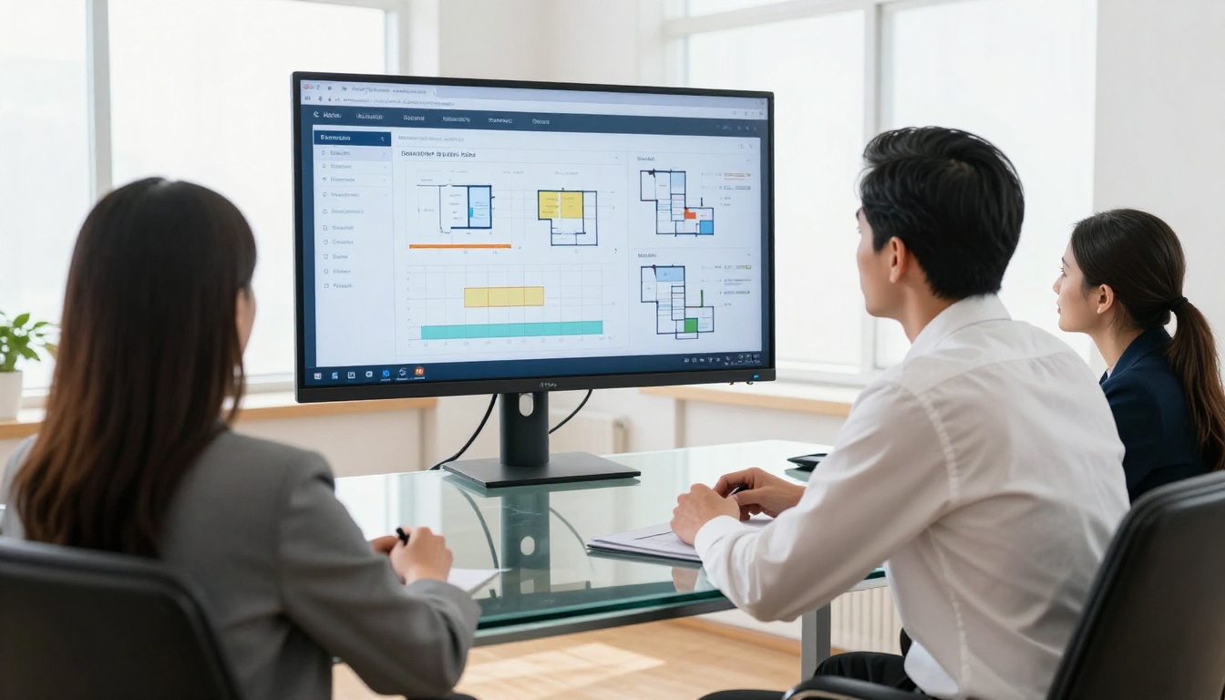 Real estate agent presenting digital property analytics to clients in modern office