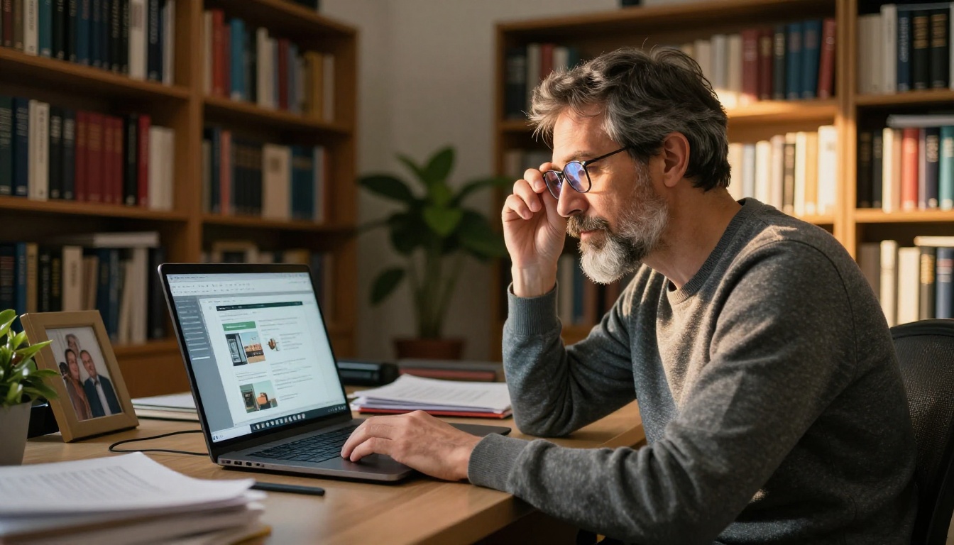 University professor reviewing digital flipbook course materials at his desk