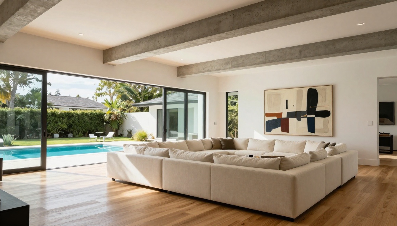 Luxury modern home interior with open floor plan and backyard pool view