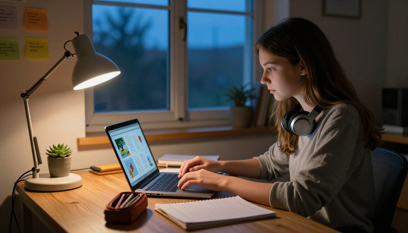 Teenage girl studying at her desk with a digital flipbook on her laptop