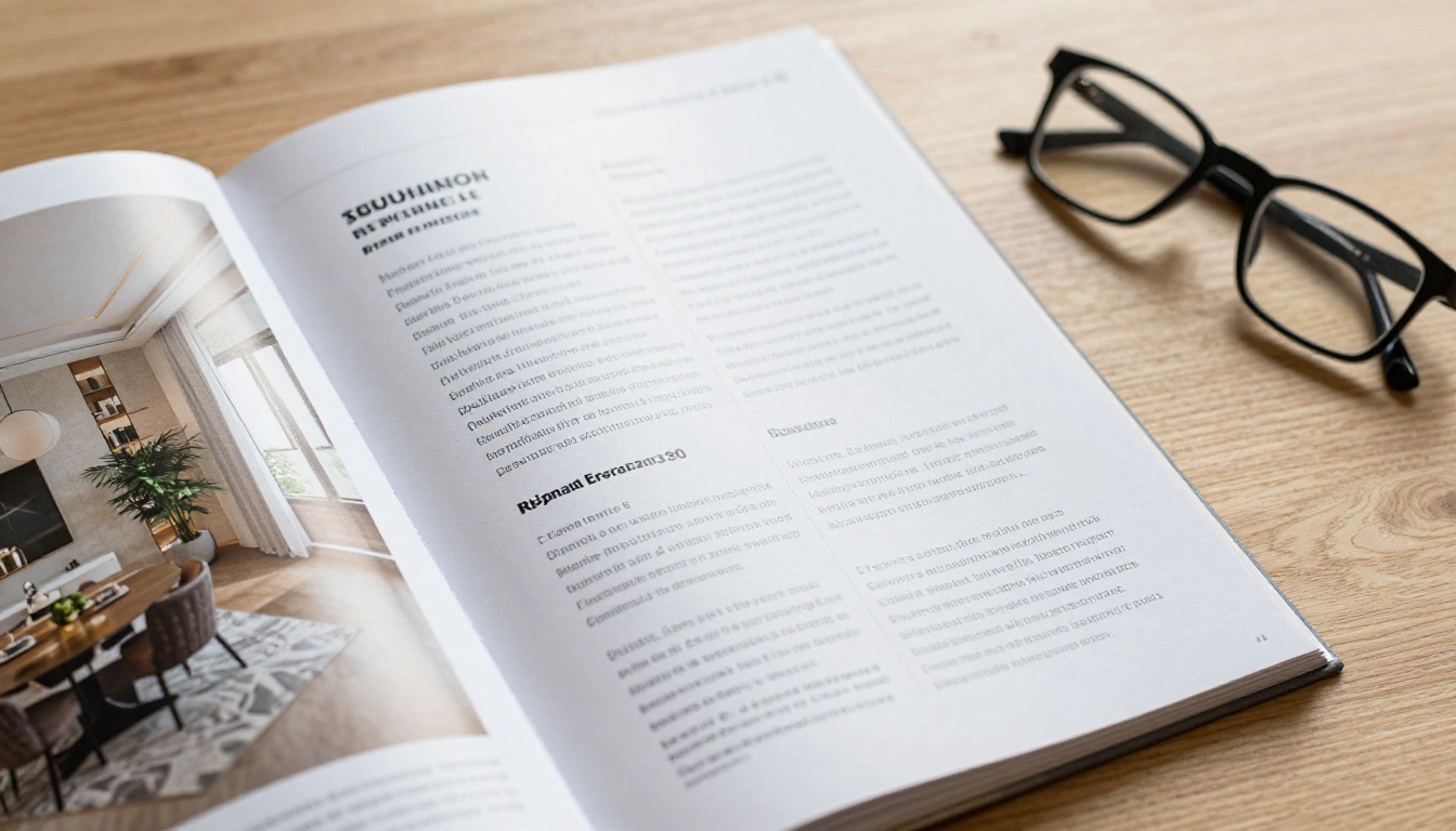 Open real estate brochure catalog on oak table with reading glasses