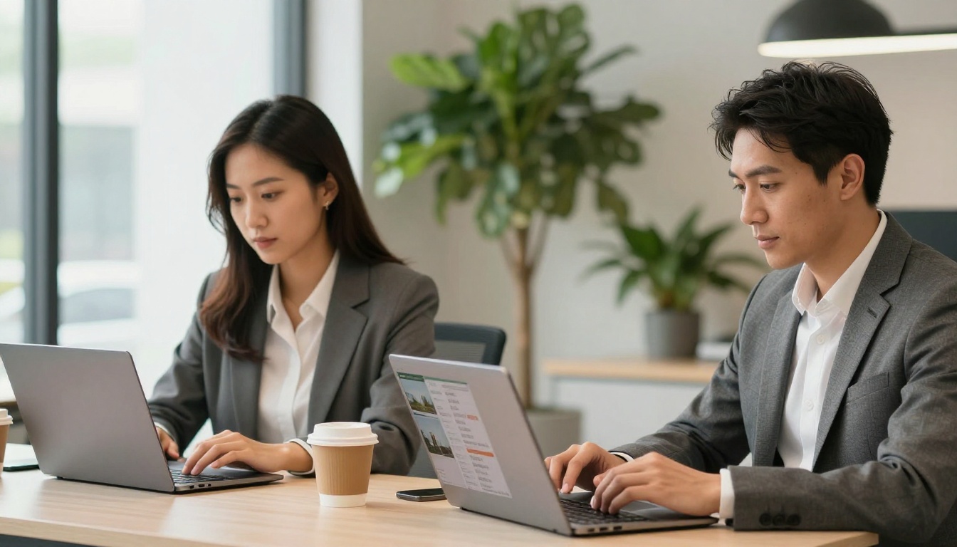 Two real estate professionals working on laptops in a bright modern co-working office