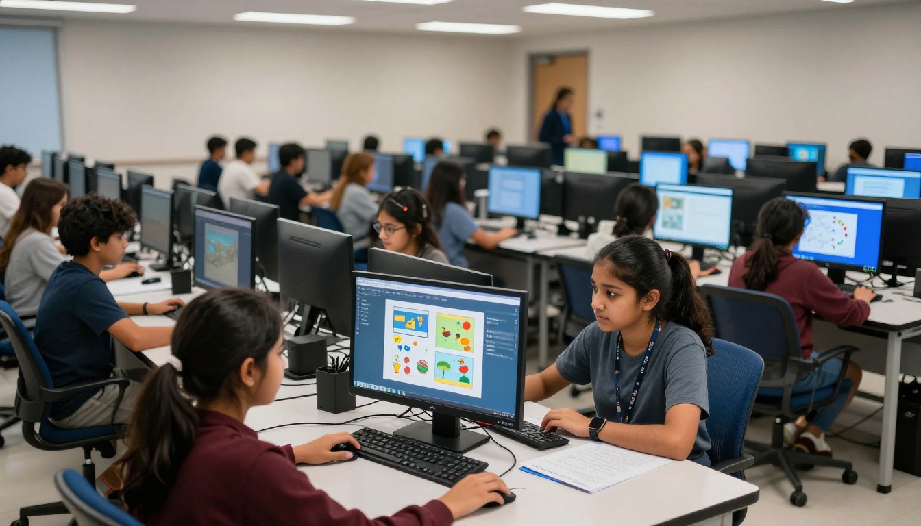 Wide shot of a high school computer lab with students working on flipbooks