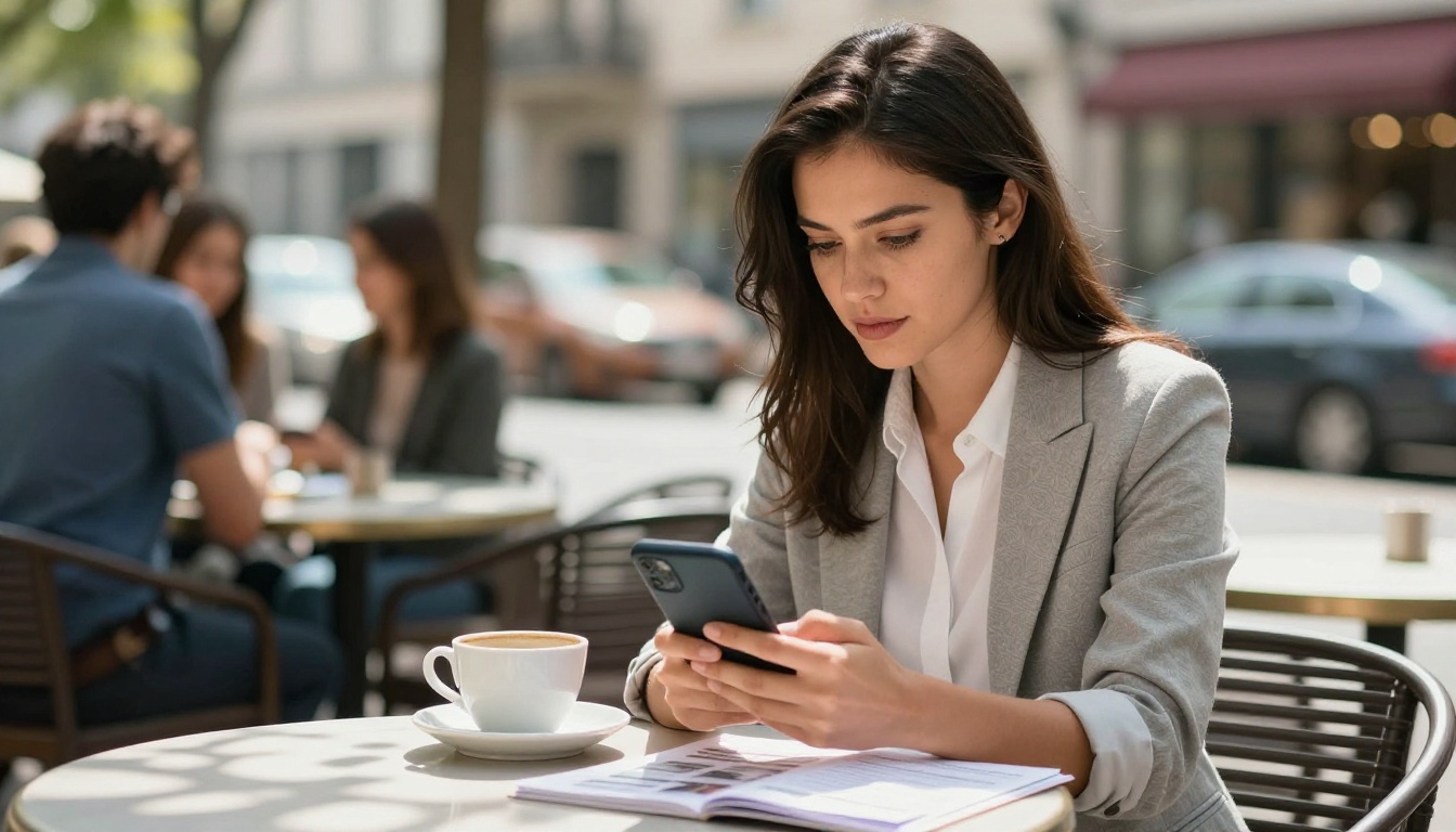 Young professional woman scrolling a real estate catalog on smartphone at an outdoor cafe