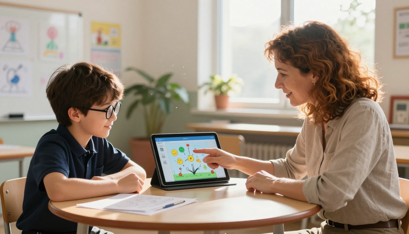 Teacher and student creating a flipbook together at a classroom table