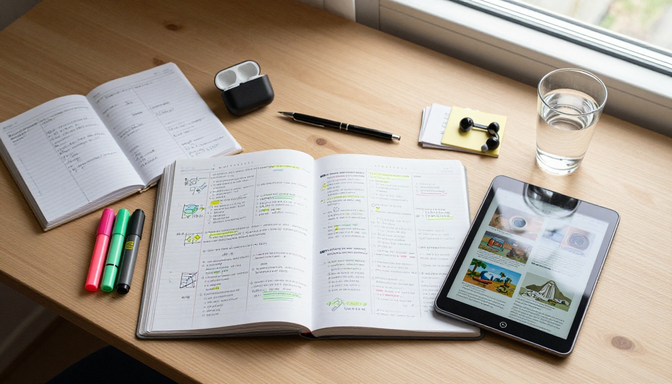 Flat lay of student study materials including a tablet showing a digital flipbook