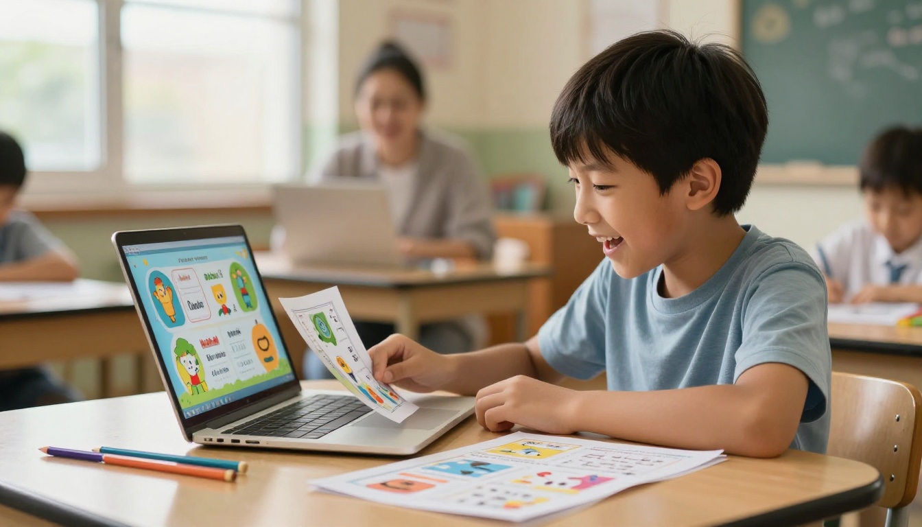 Elementary school boy excited at laptop with colorful flipbook open beside printed worksheets Elementary school boy excited at laptop with colorful flipbook open beside printed worksheets