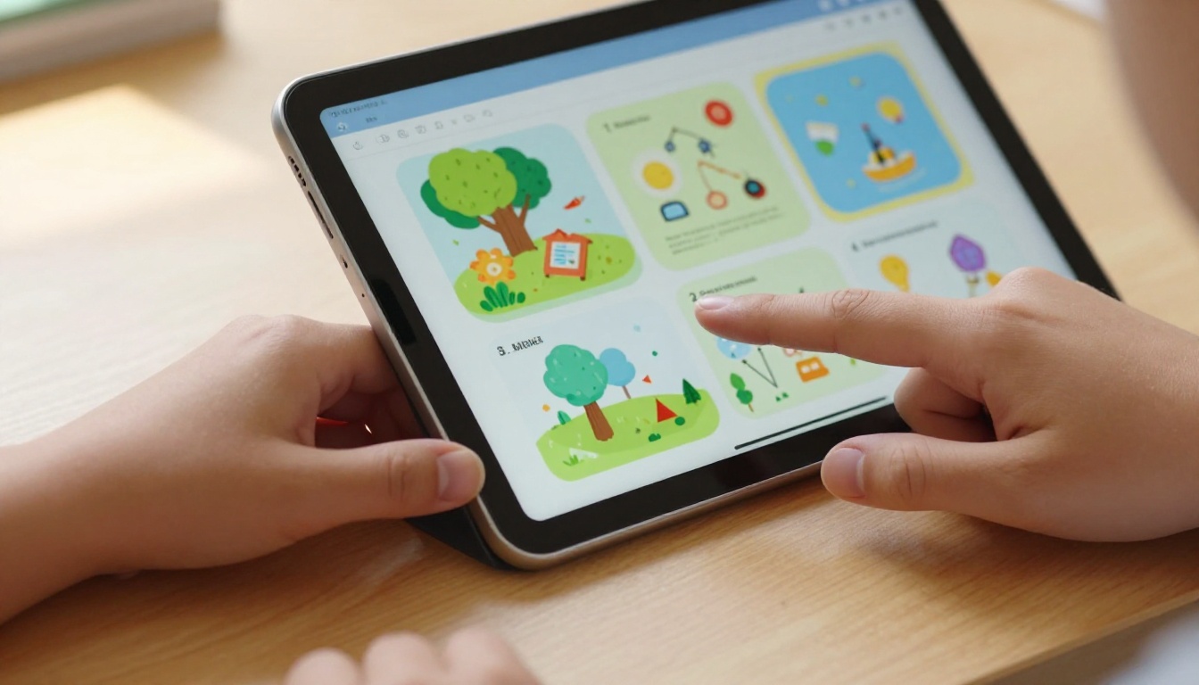 Close-up of student hands holding a sleek tablet displaying a vibrant digital flipbook mid-page-turn with science diagrams visible Close-up of student hands holding a sleek tablet displaying a vibrant digital flipbook mid-page-turn with science diagrams visible