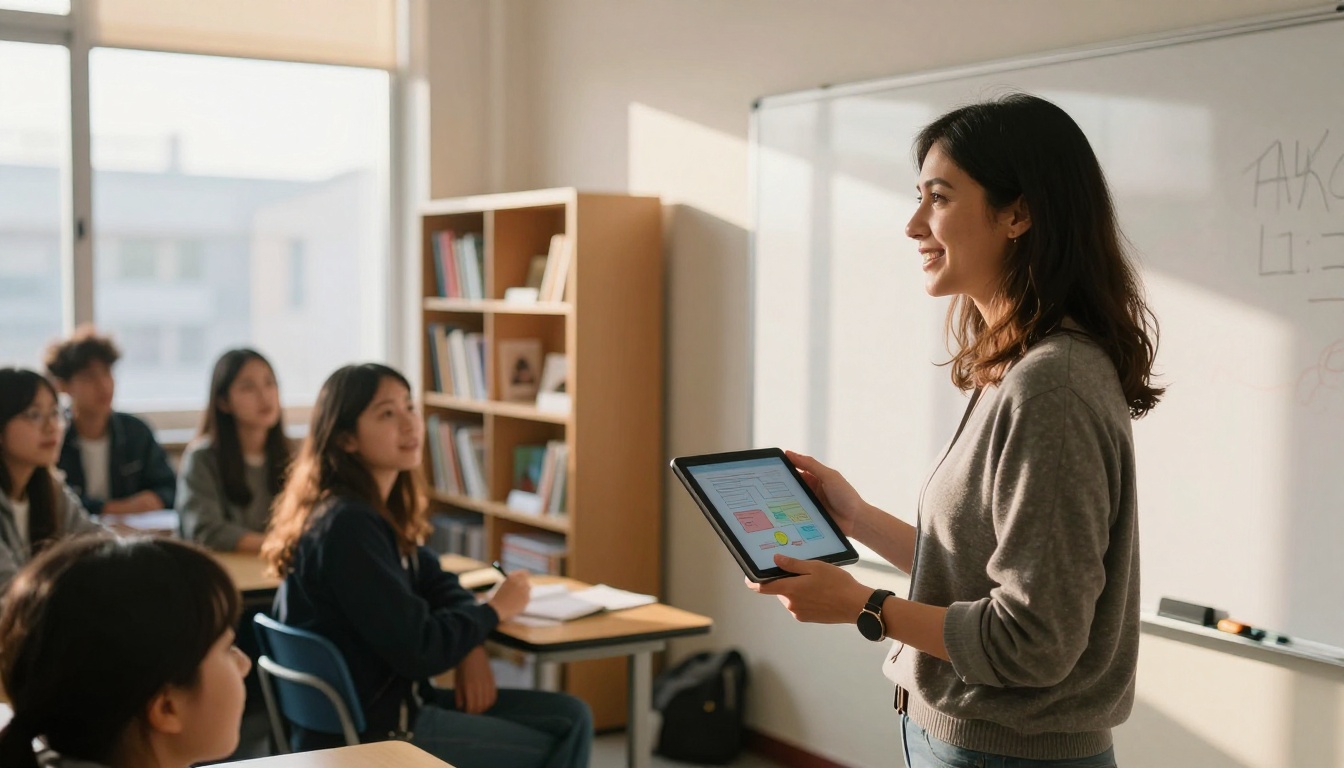 Female teacher standing in a bright classroom showing a digital flipbook on a tablet to attentive students Female teacher standing in a bright classroom showing a digital flipbook on a tablet to attentive students
