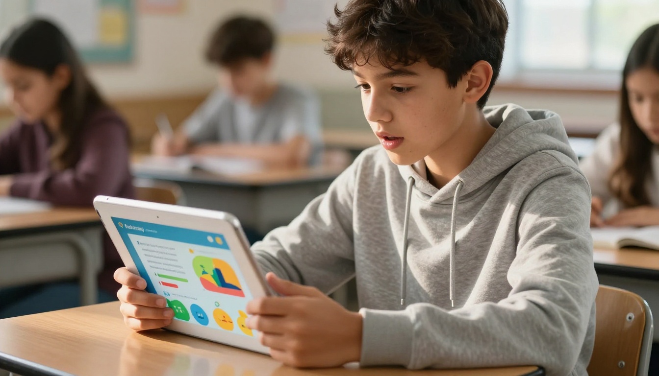 A student reading an interactive digital flipbook on a tablet with focused attention A student reading an interactive digital flipbook on a tablet with focused attention