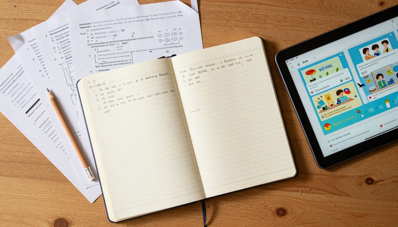 Overhead aerial flat lay of student desk showing printed handout papers beside a tablet displaying a colorful flipbook Overhead aerial flat lay of student desk showing printed handout papers beside a tablet displaying a colorful flipbook