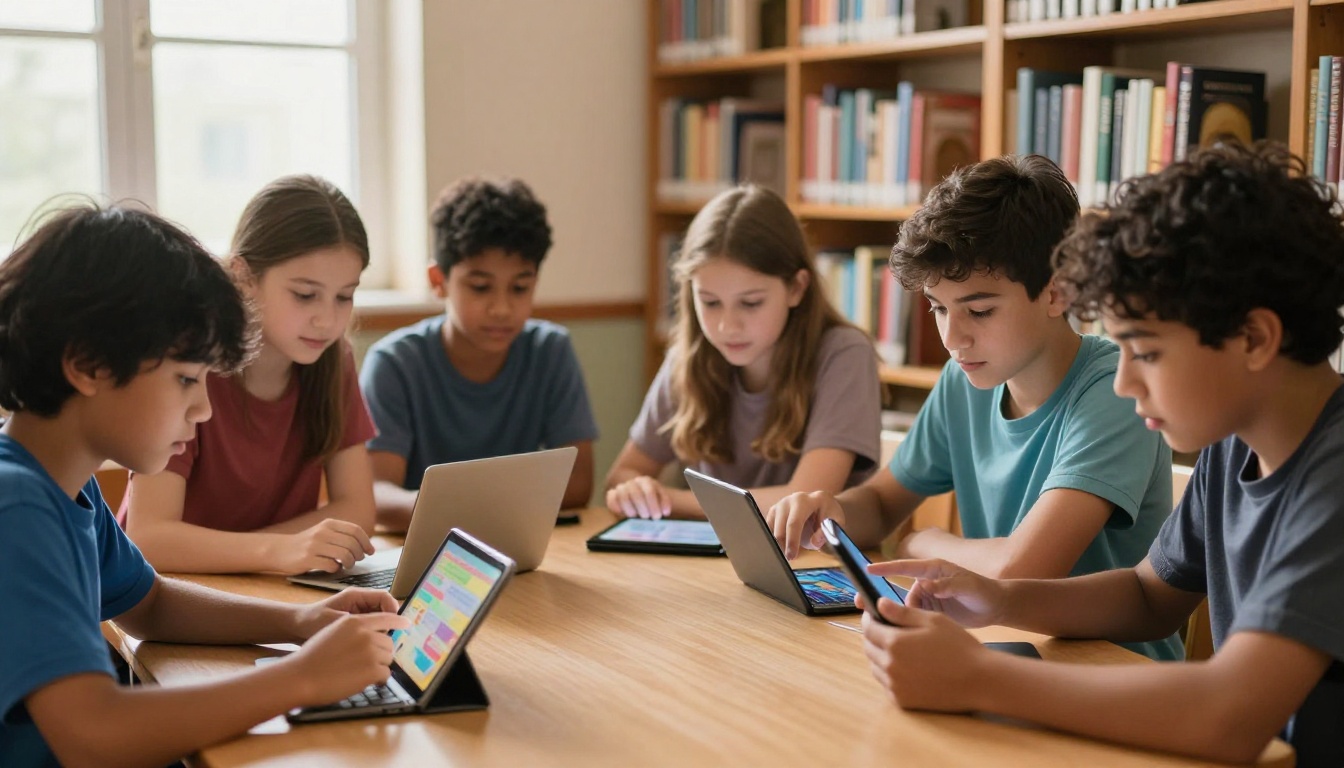 Group of middle school students at a library table each viewing colorful flipbooks on their individual tablets and laptops Group of middle school students at a library table each viewing colorful flipbooks on their individual tablets and laptops