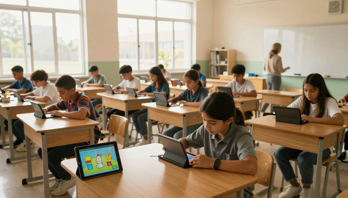 Students engaged with tablets in a bright modern classroom Students engaged with tablets in a bright modern classroom
