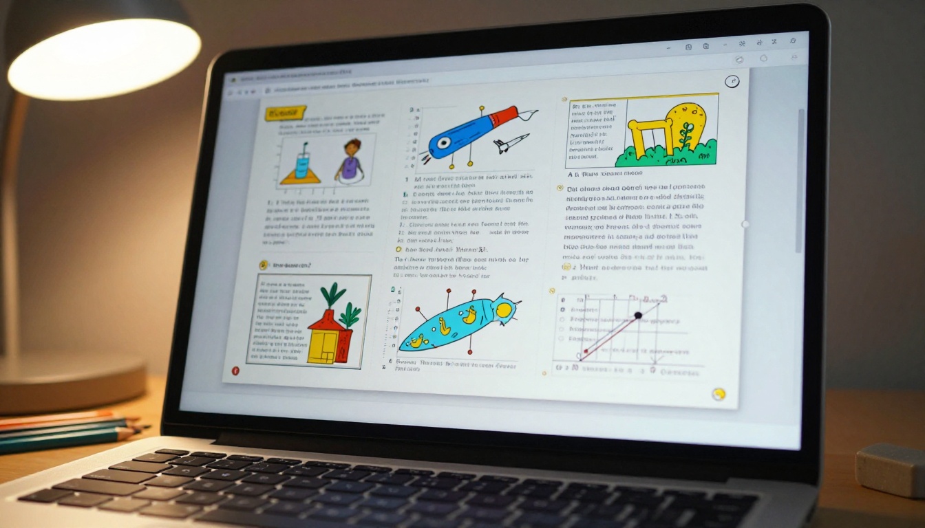 Close-up low-angle shot of an open laptop screen displaying a colorful educational flipbook with science homework content mid-flip animation Close-up low-angle shot of an open laptop screen displaying a colorful educational flipbook with science homework content mid-flip animation